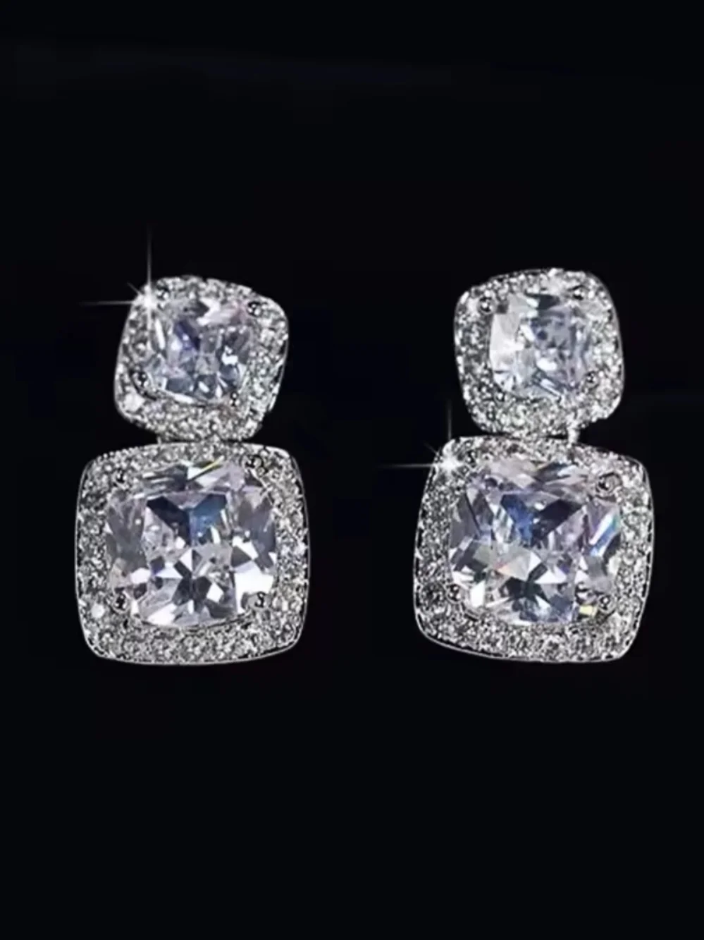 White Rhodium Double Cushion Halo Drop Earrings - Picture 2 of 5